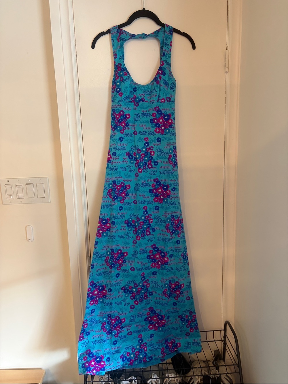 Vintage 70s Sleeveless A-Line Blue Floral Maxi Dress